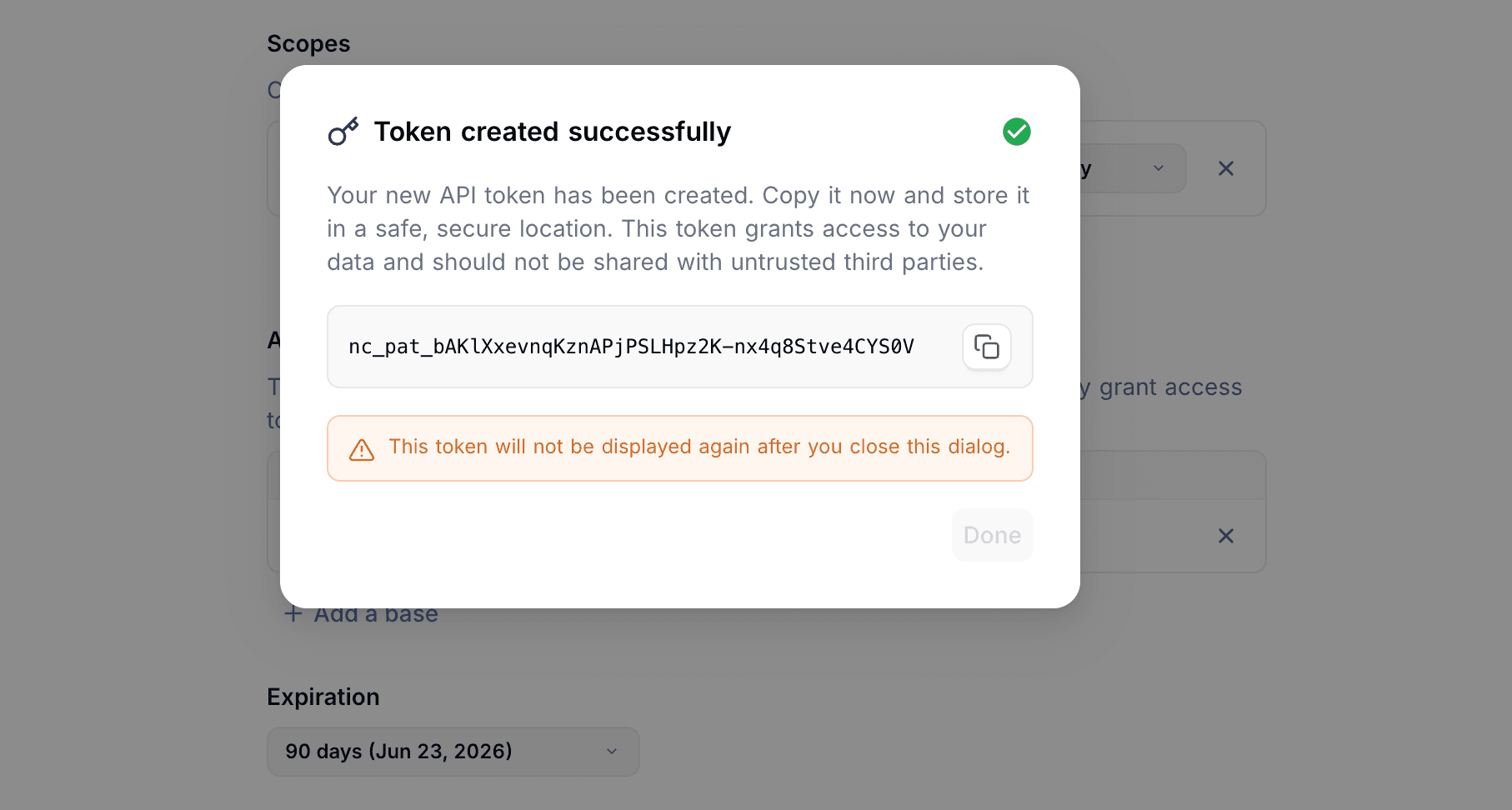 Token created modal