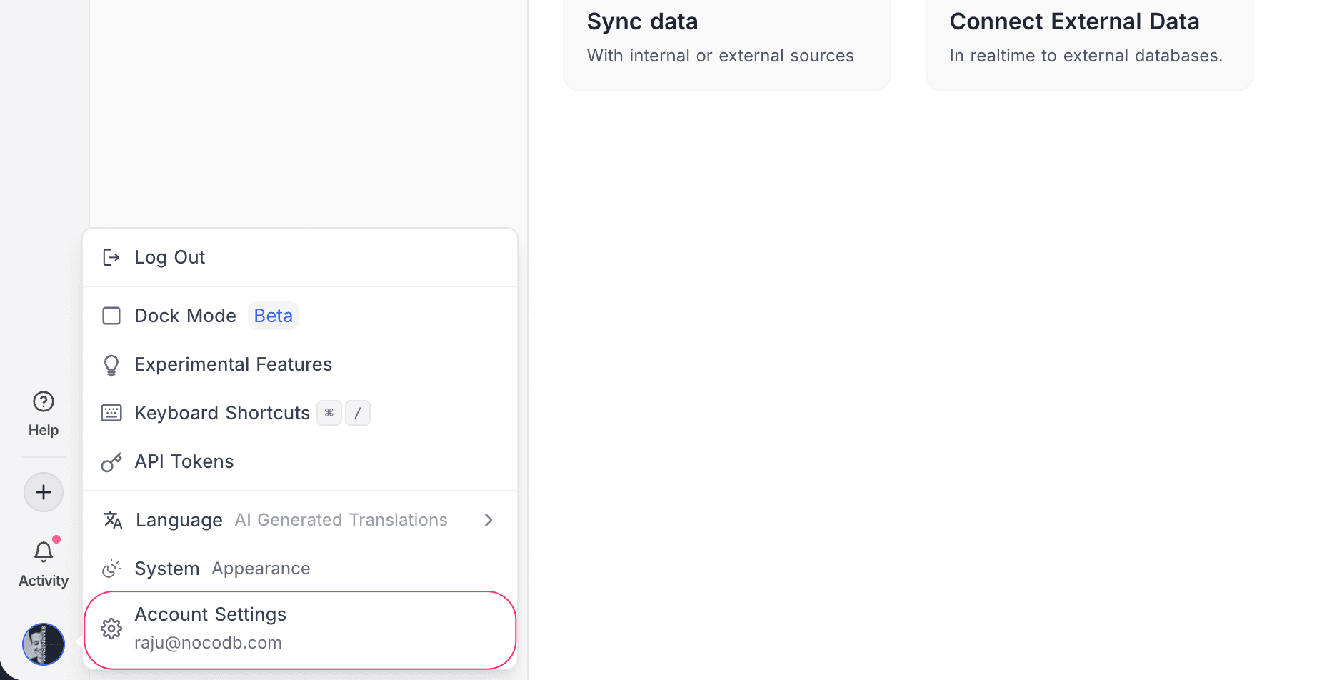 Account Settings menu