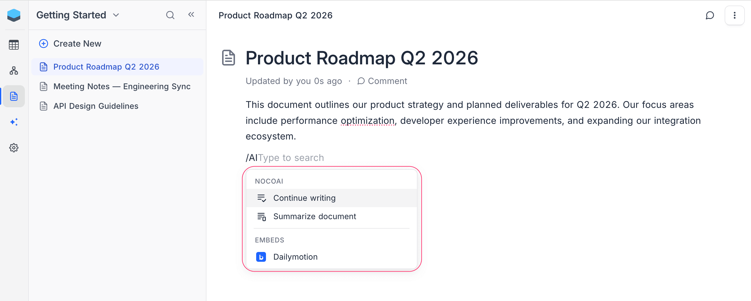 Slash command menu showing NocoAI group