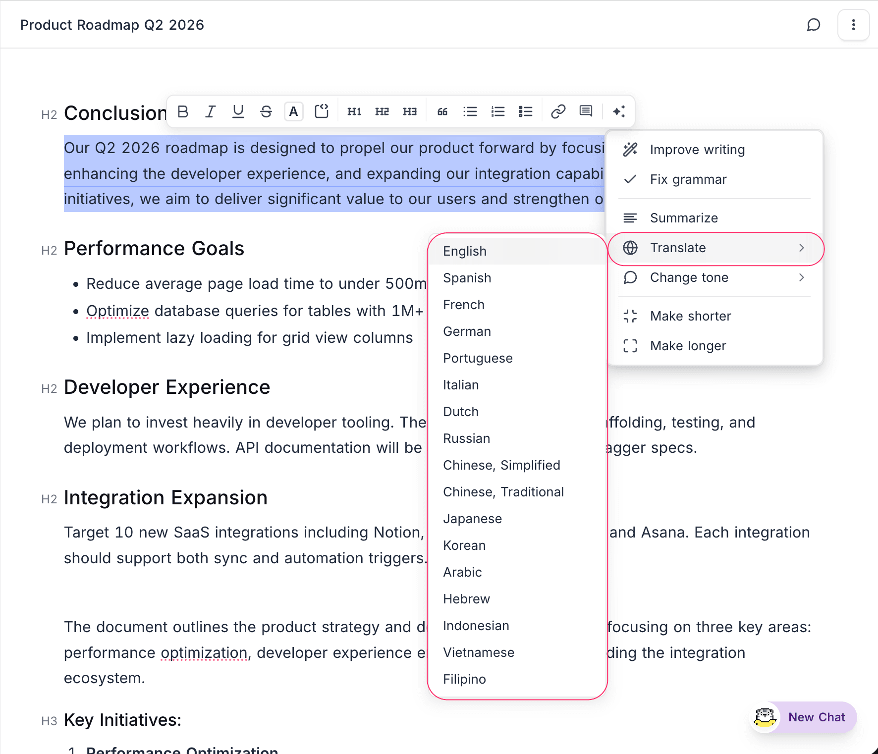 Translate submenu showing language list