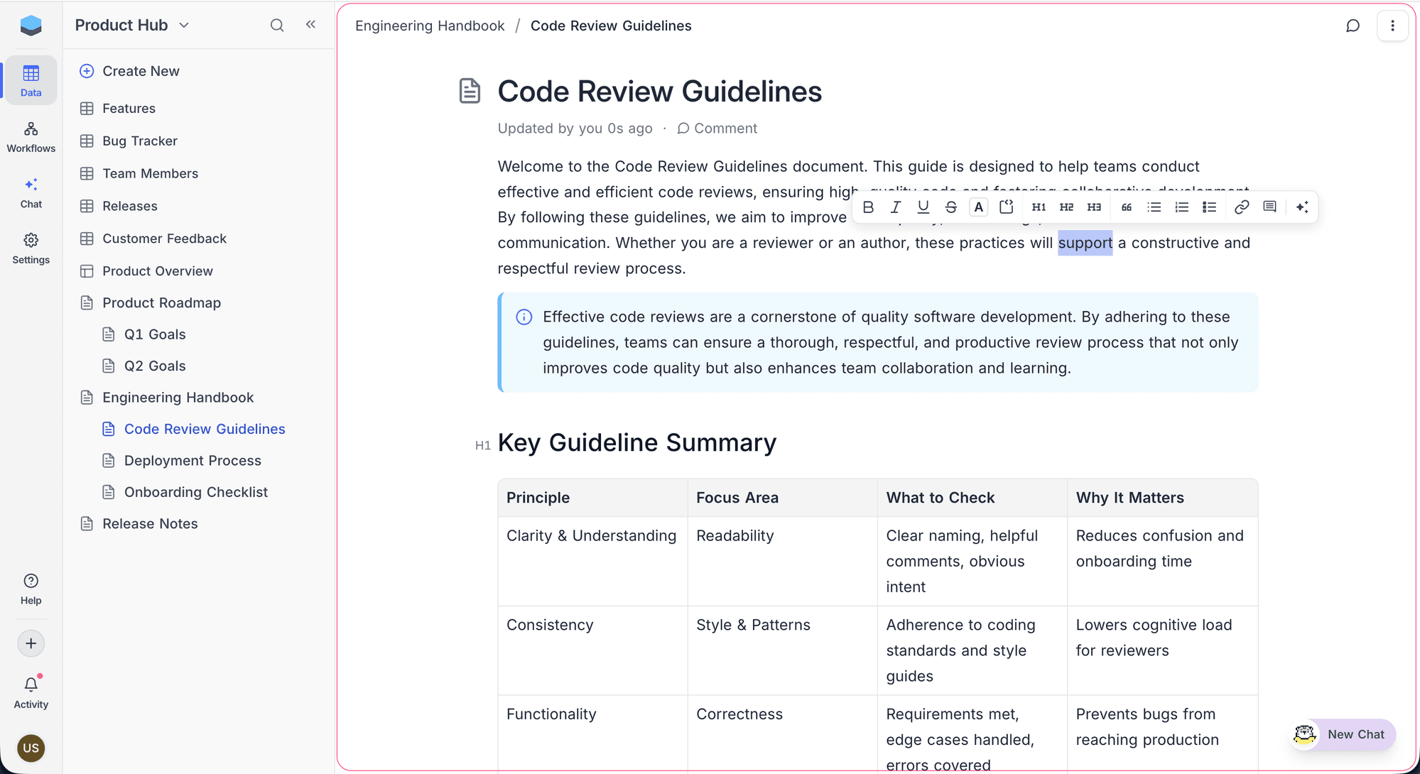 NocoDocs editor with content