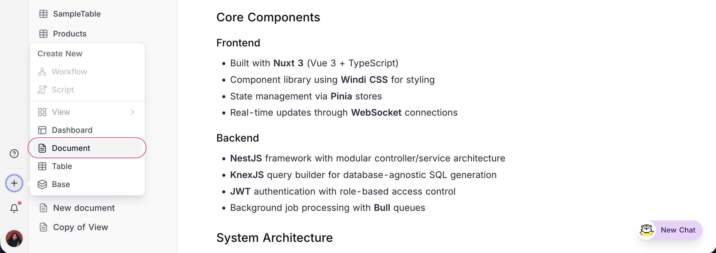 Create a new document from minibar