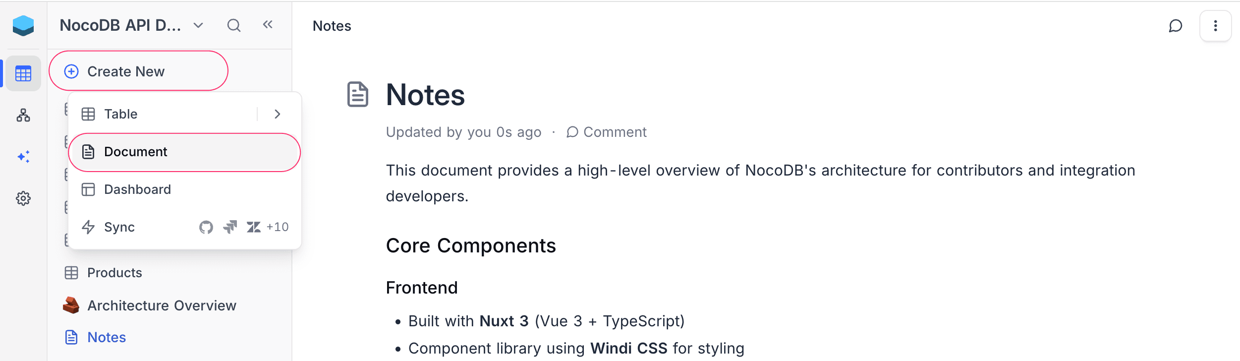 Create a new document from sidebar