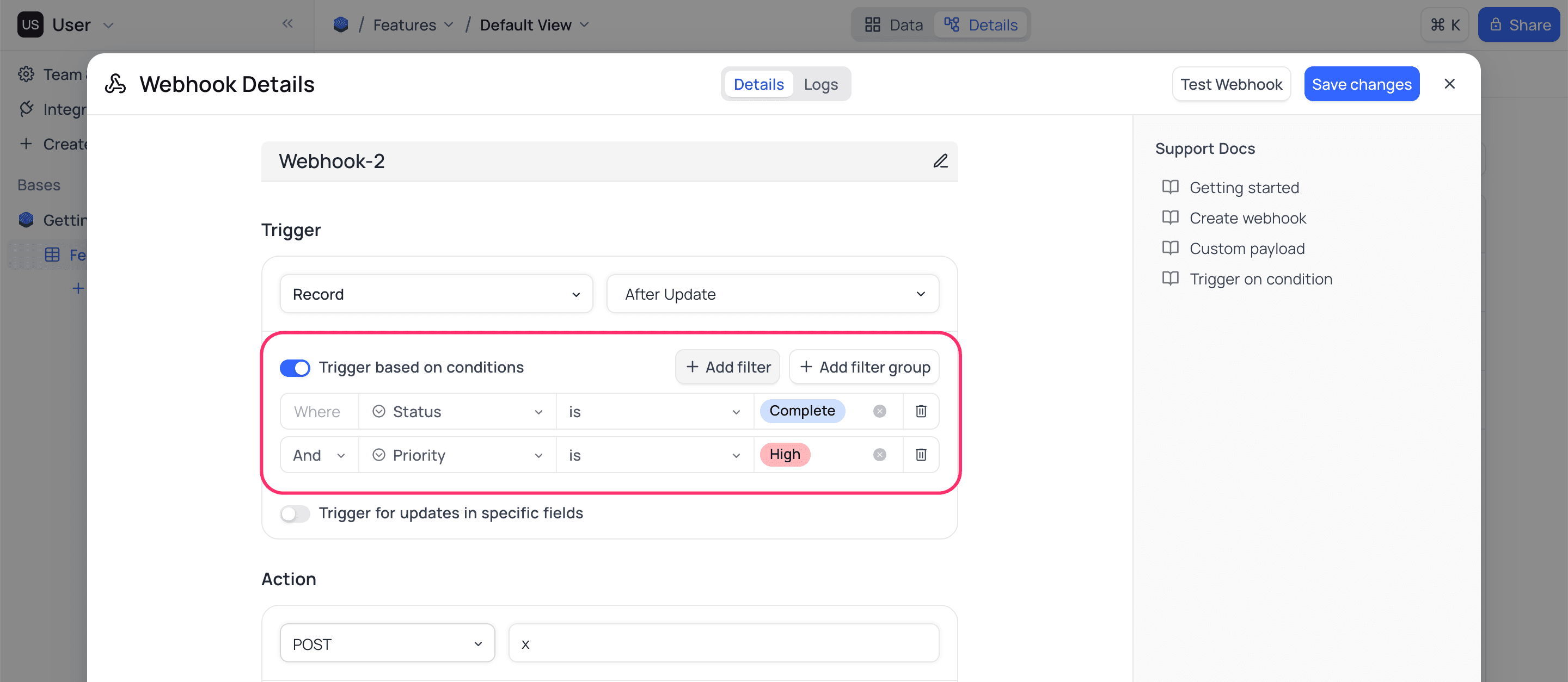 Webhook with conditions