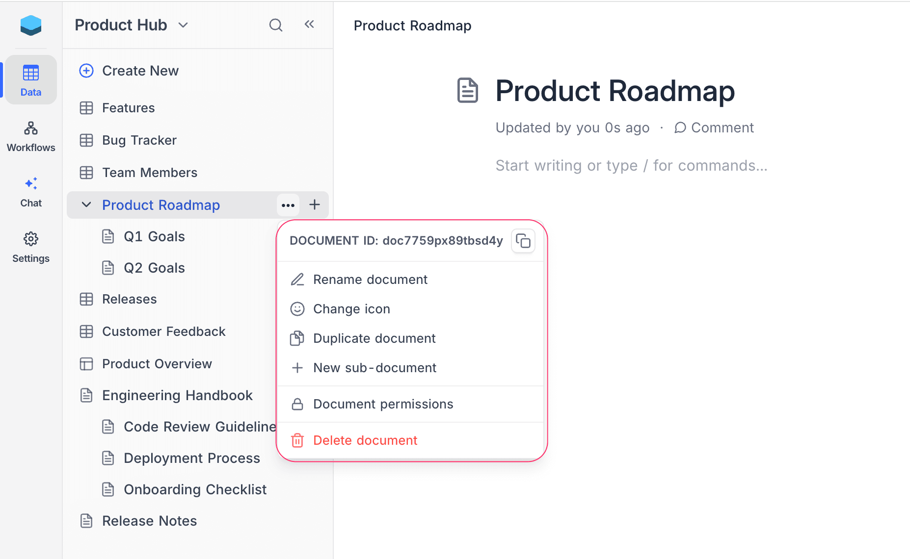 Document permissions in sidebar context menu