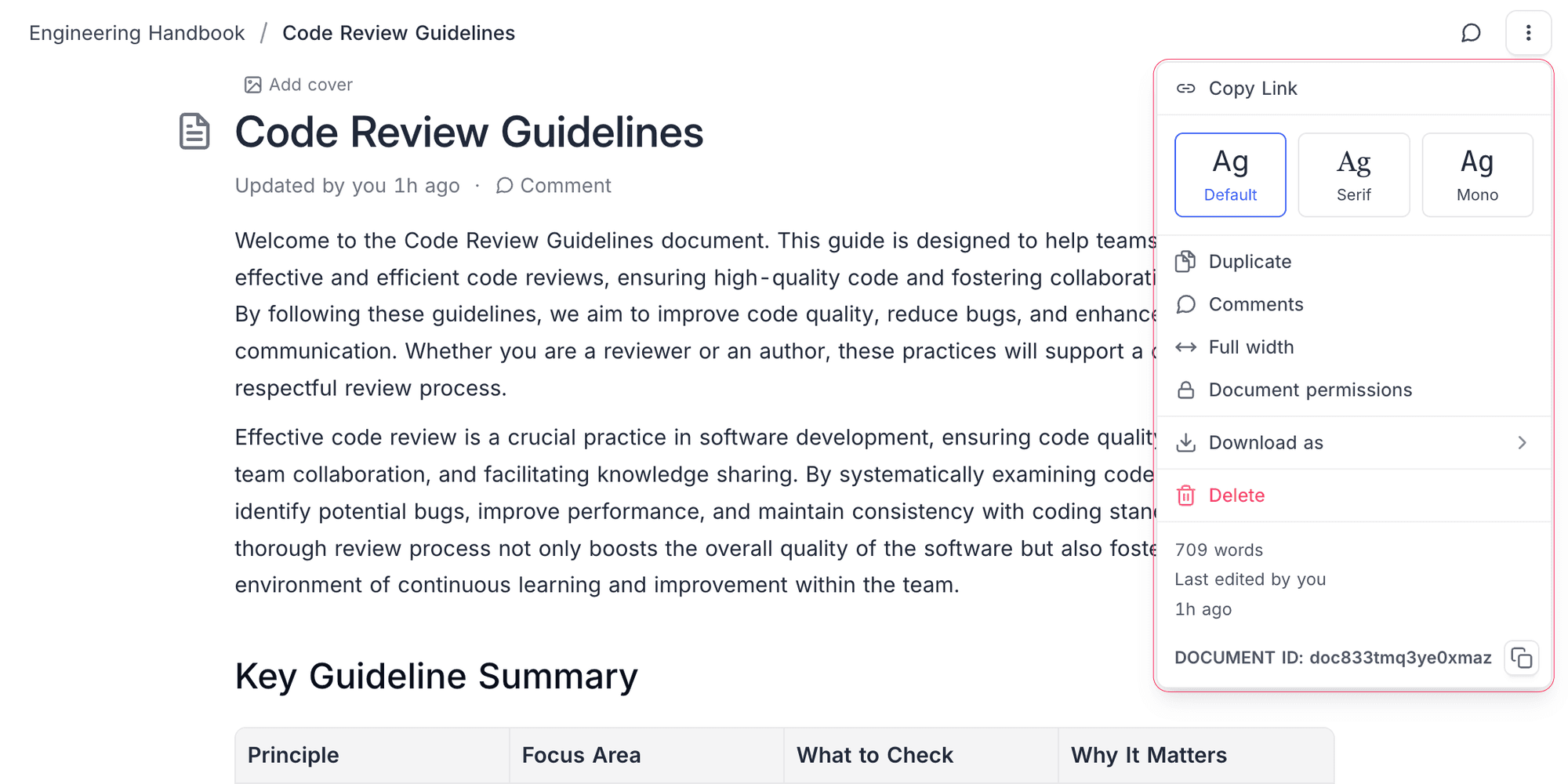 Document permissions option in the toolbar menu