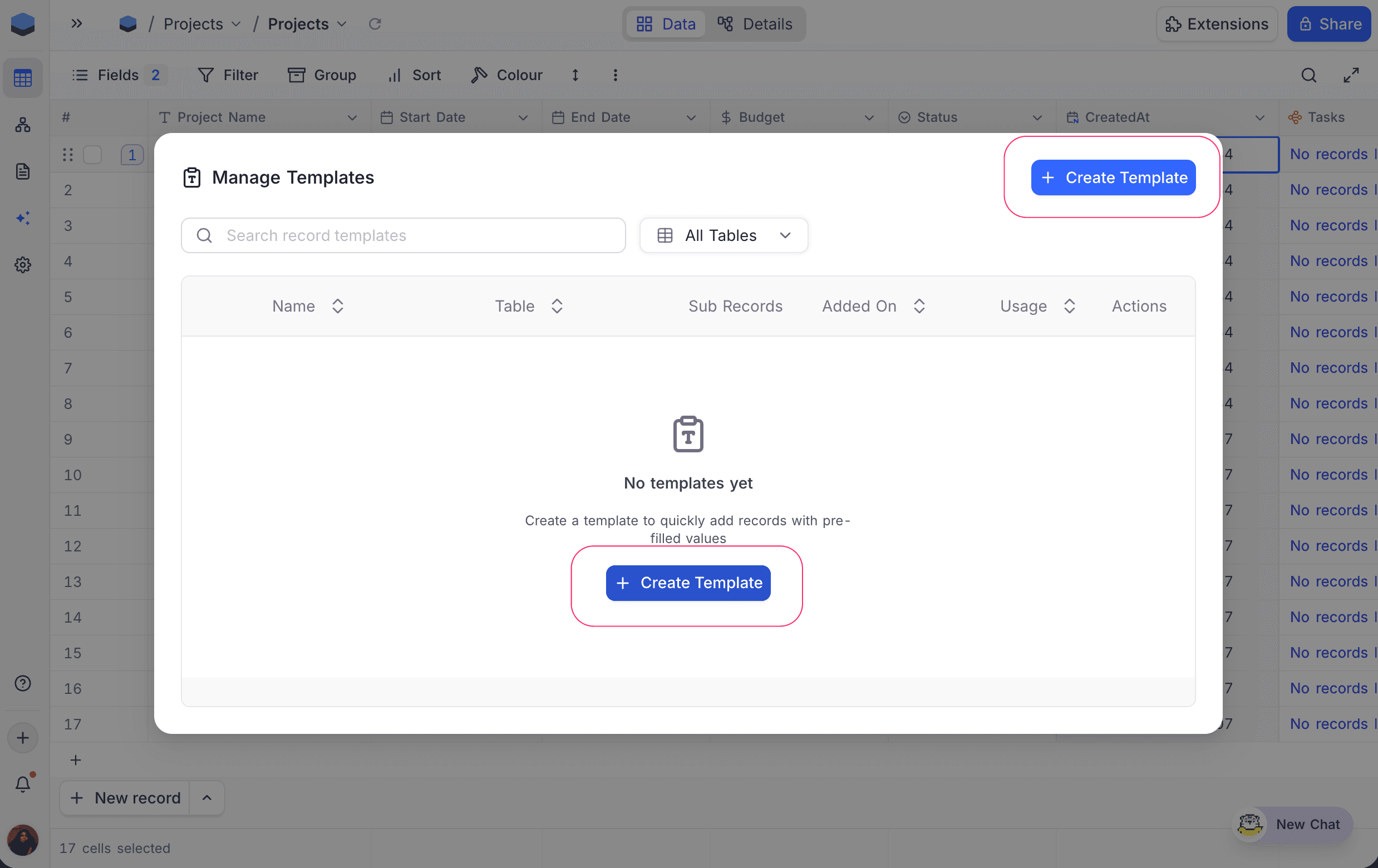 Empty Manage Templates modal