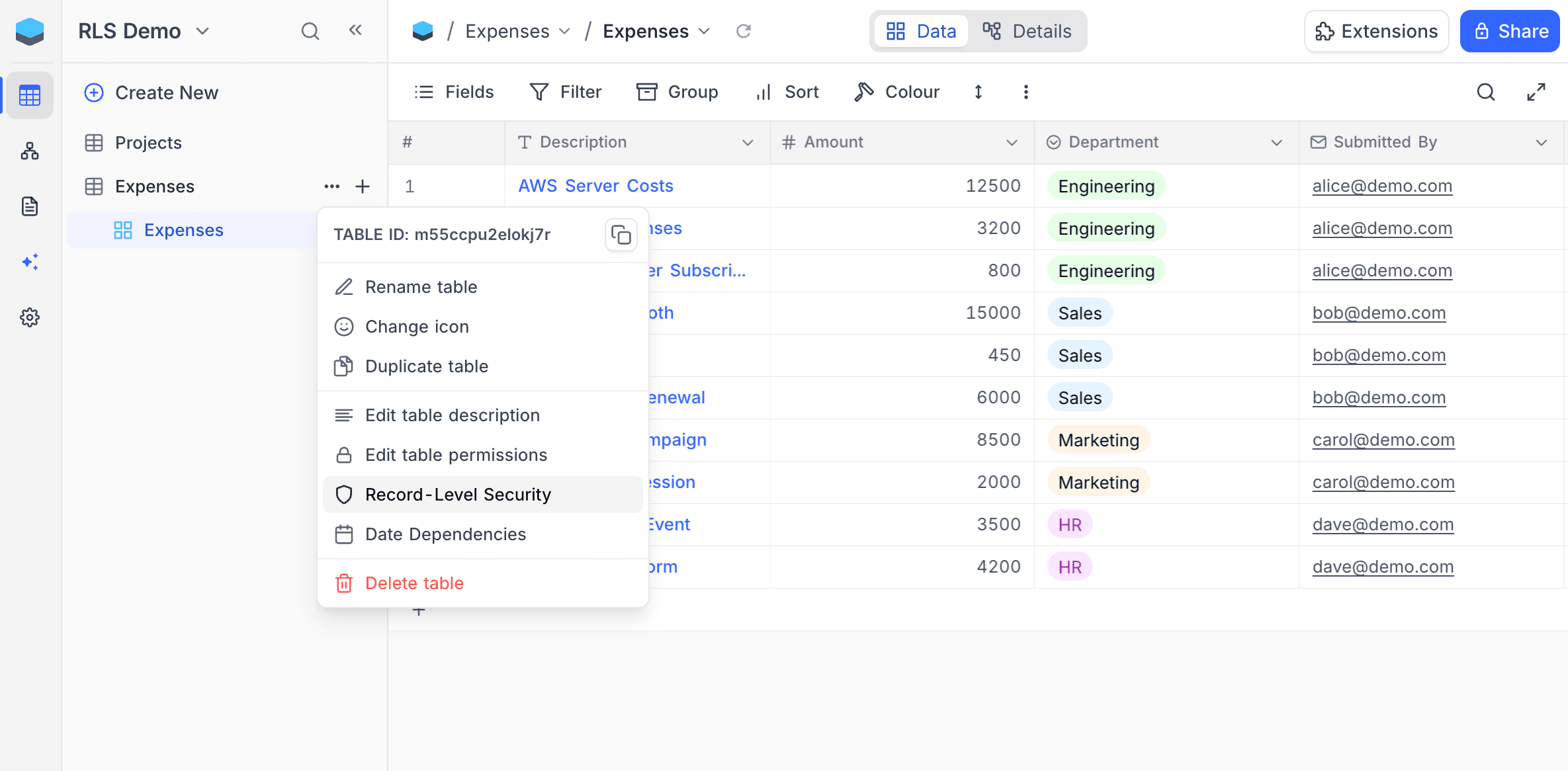 Accessing Record-Level Security from table context menu