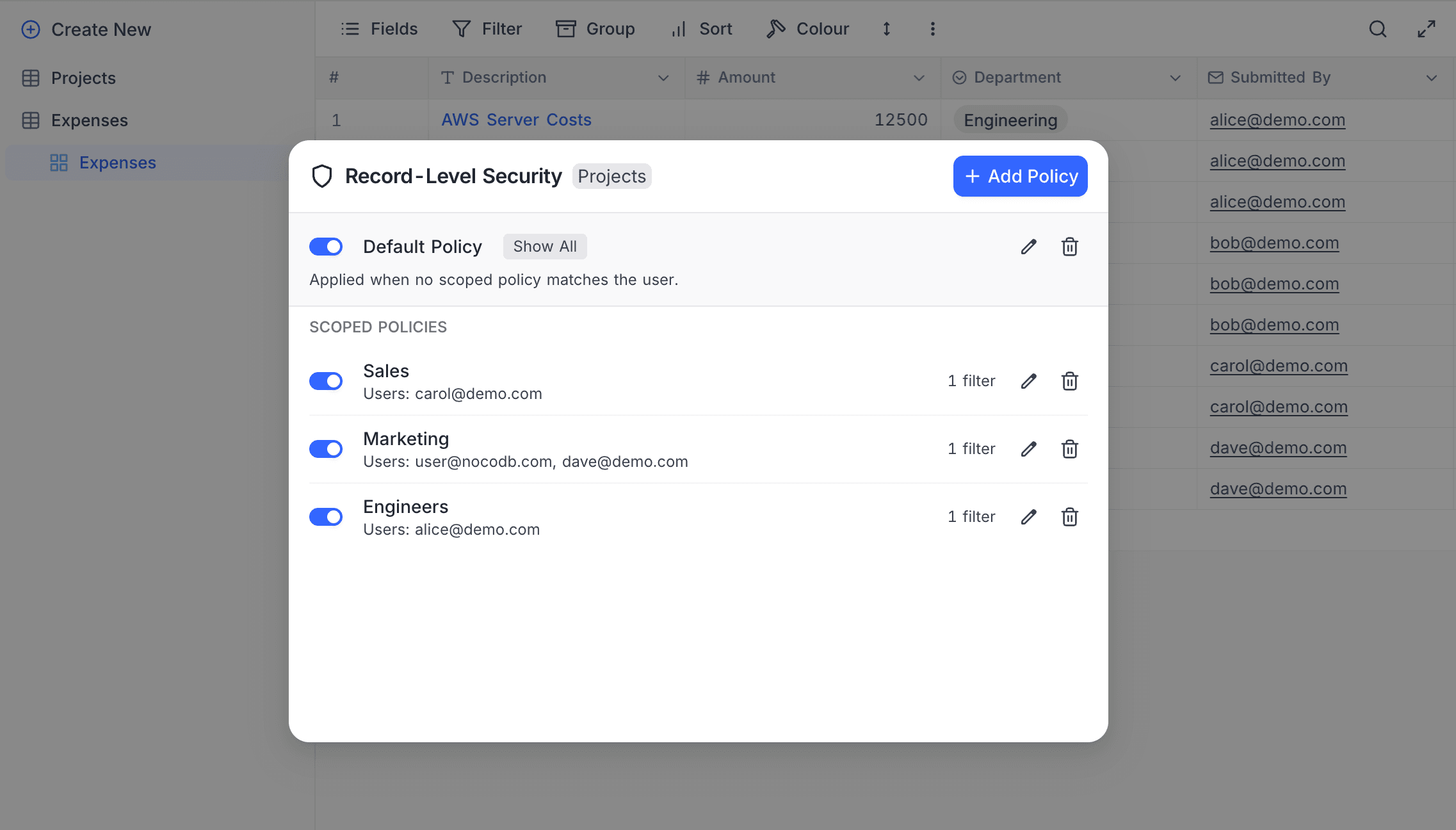 Policy list with multiple scoped policies