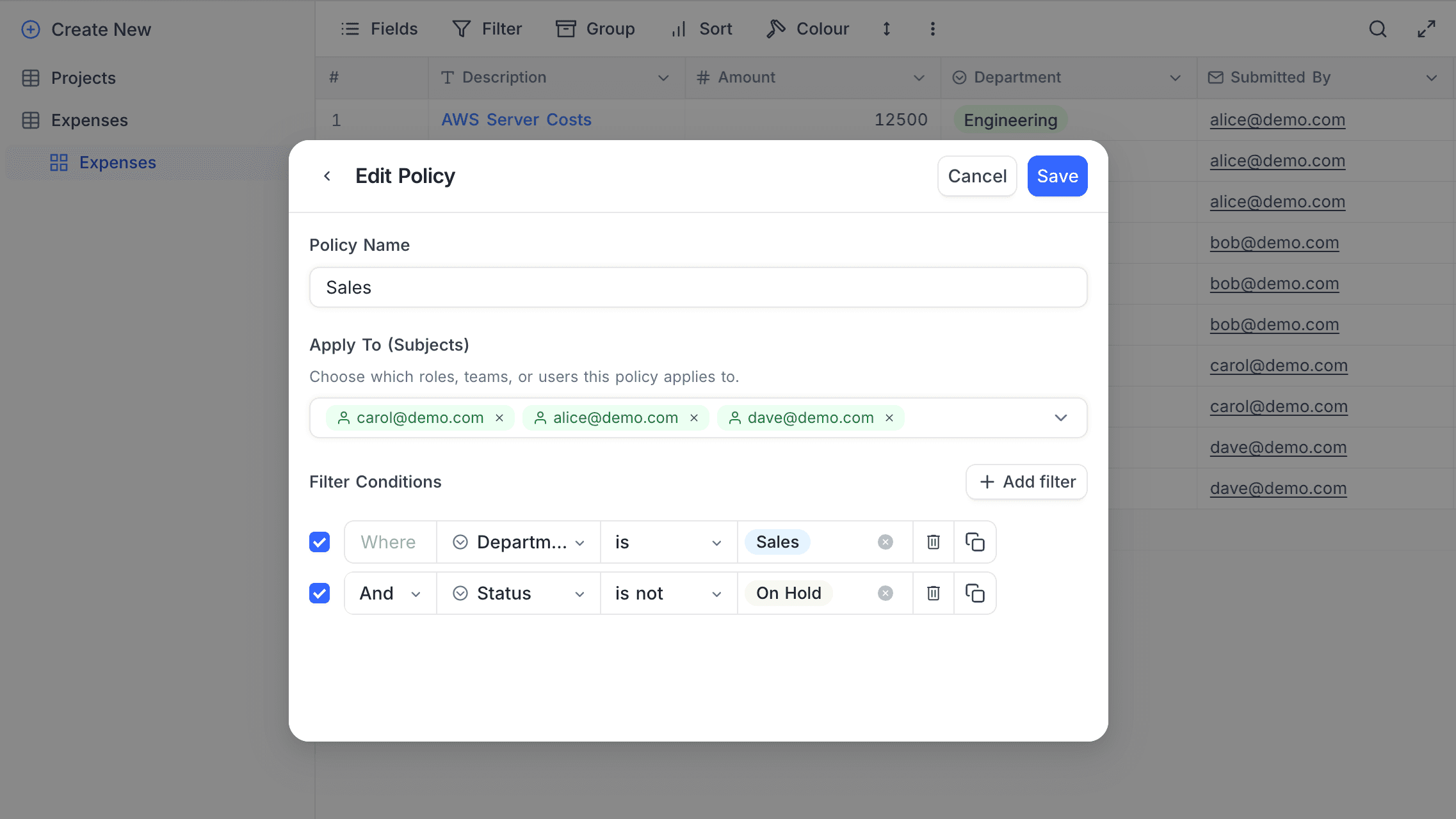 Scoped policy with subjects and filter conditions configured