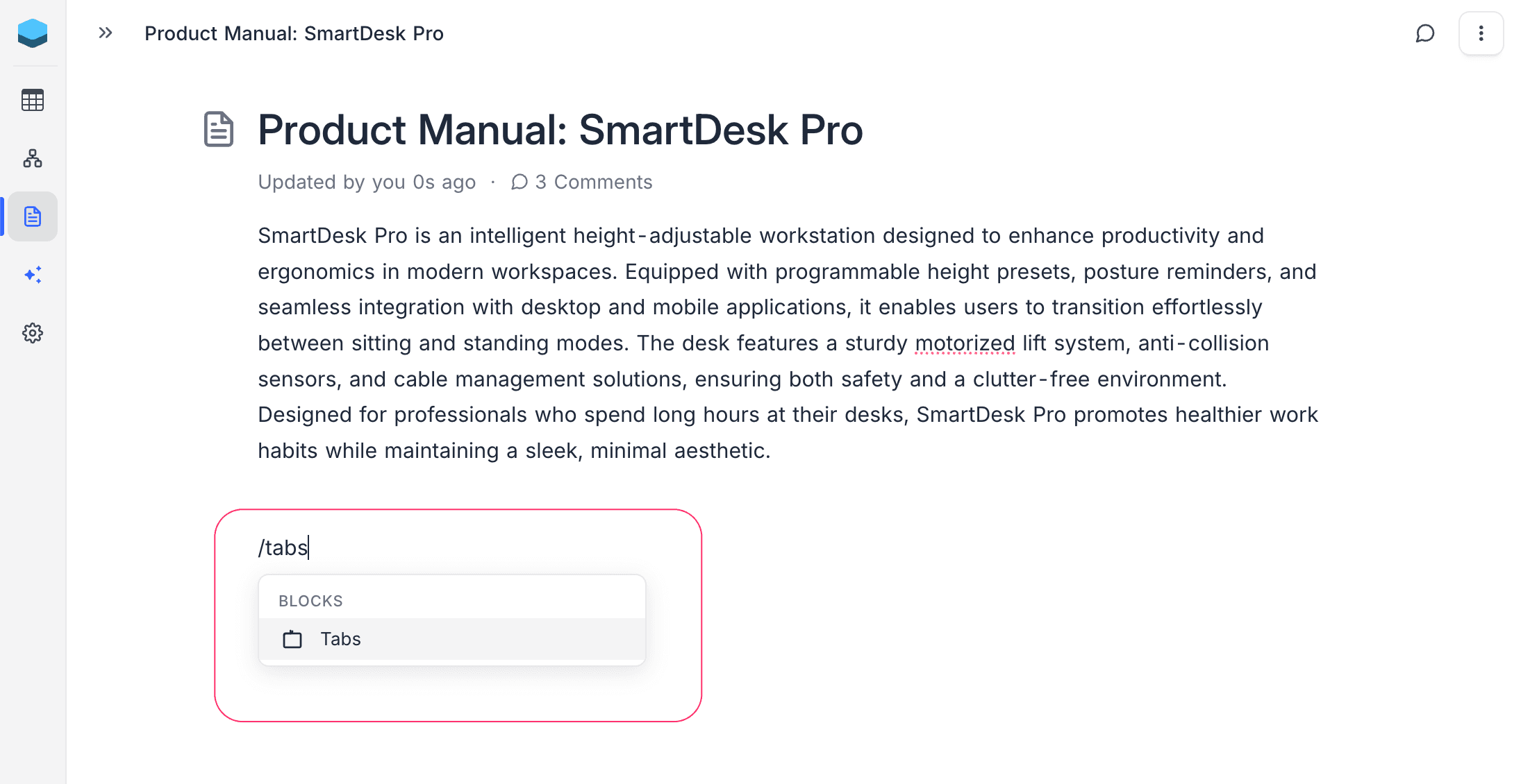 Insert tabs via slash command