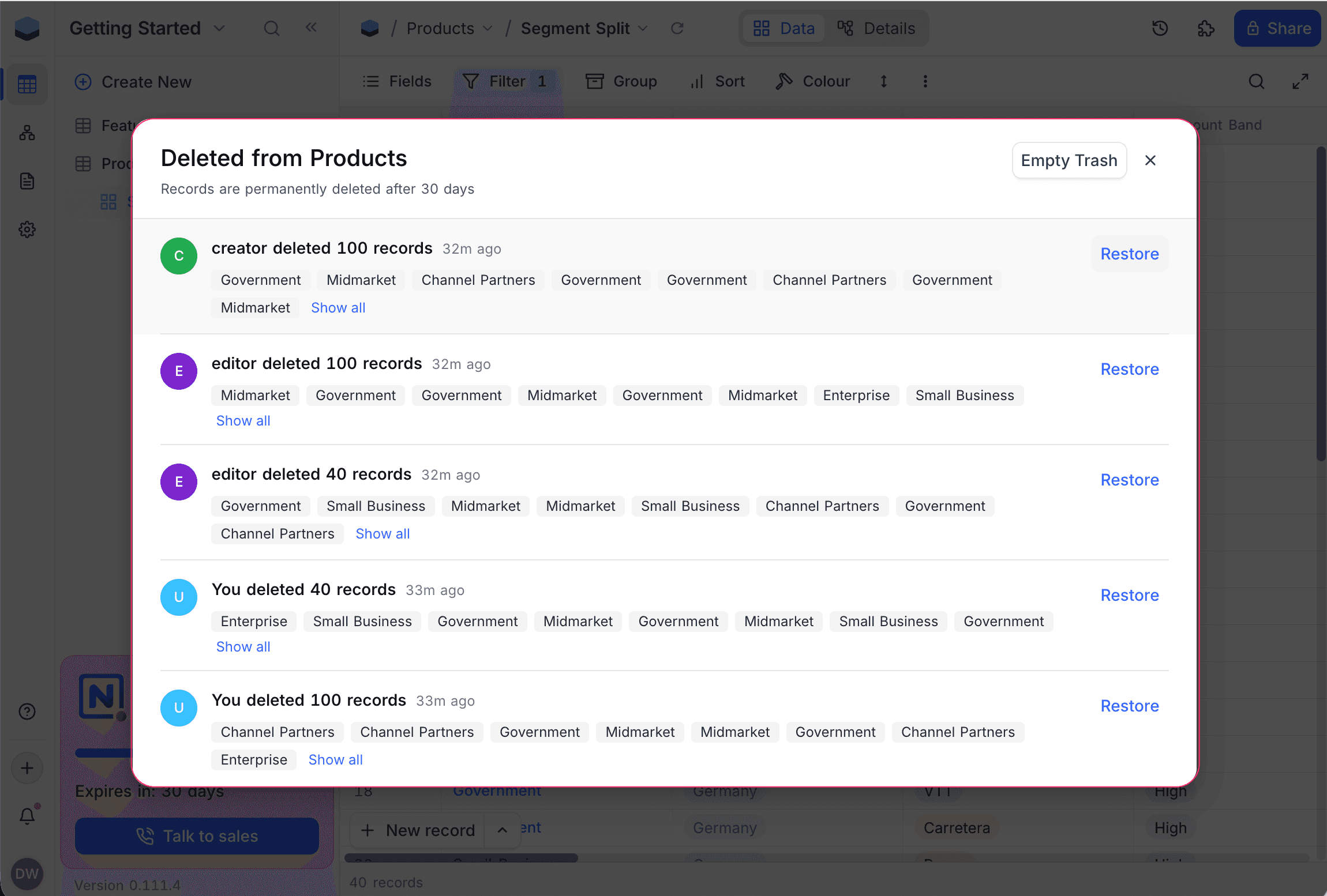 Trash modal overview
