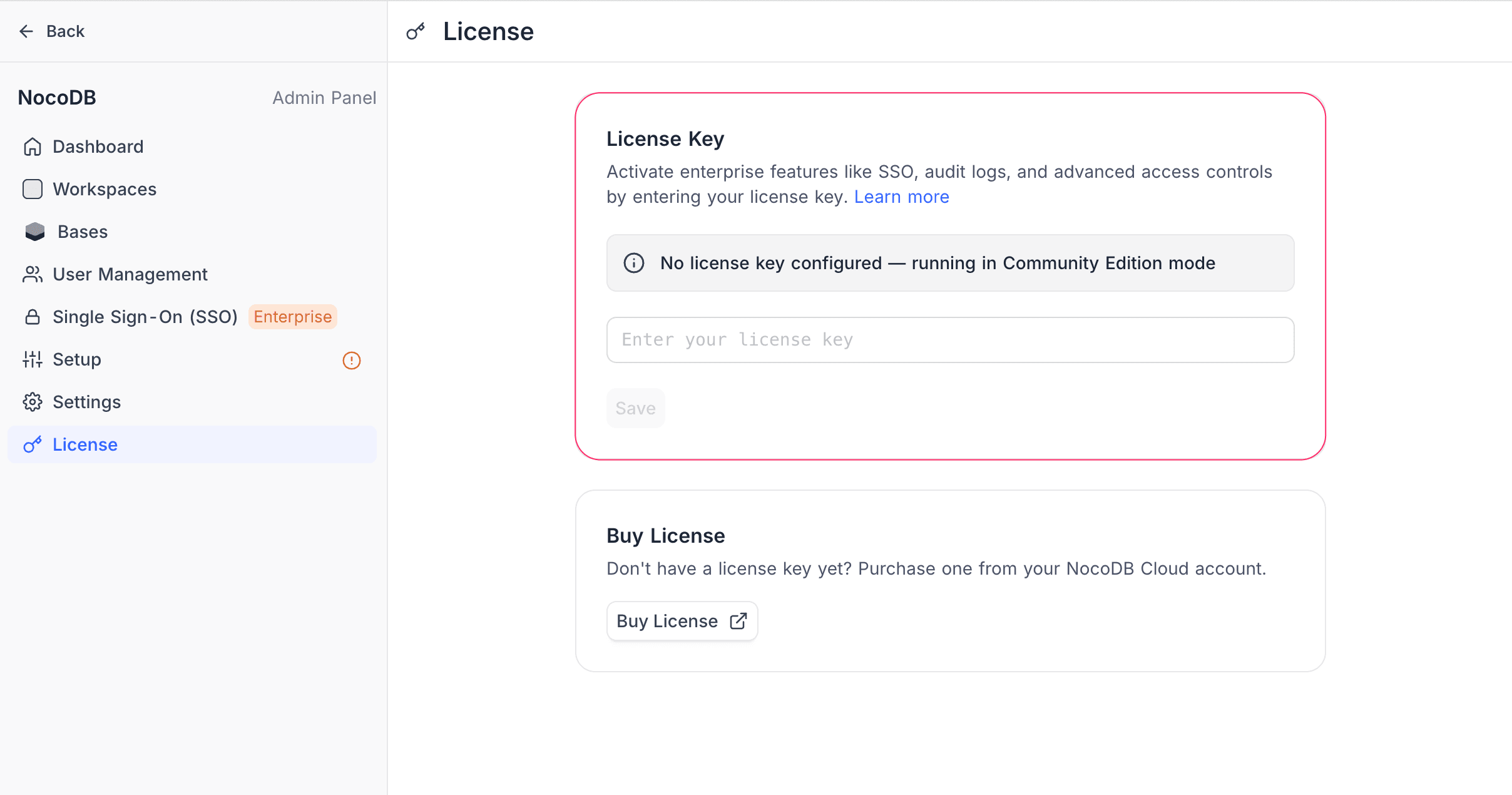 License page with no key configured